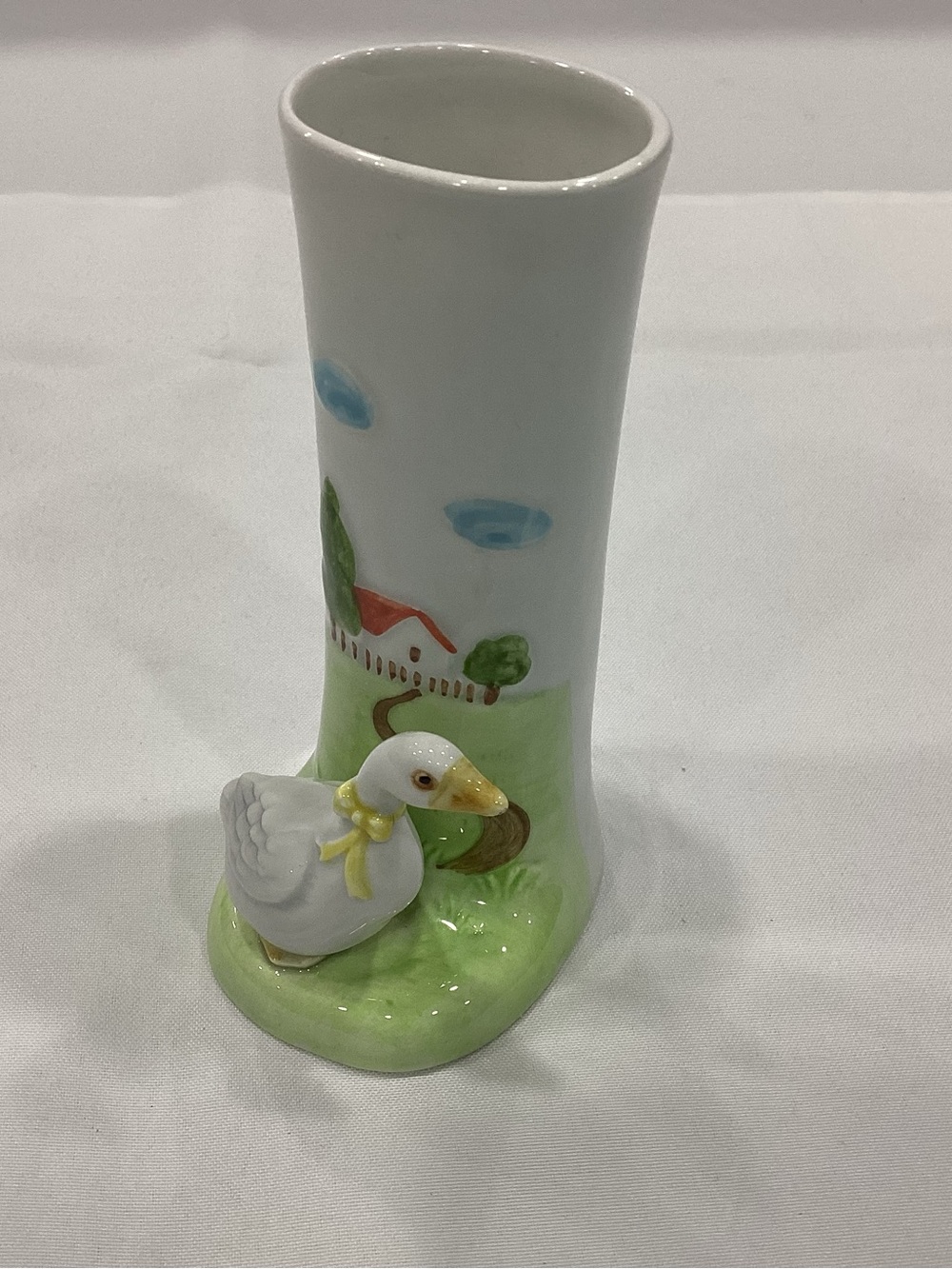 White Ceramic Duck Accent Vase with Pastel Green Landscape